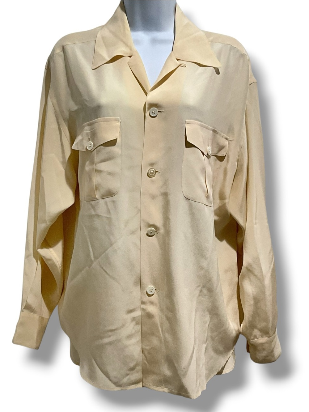 Vintage Ralph Lauren 100% Silk Long Sleeve Blouse Size 10 Pockets Tan